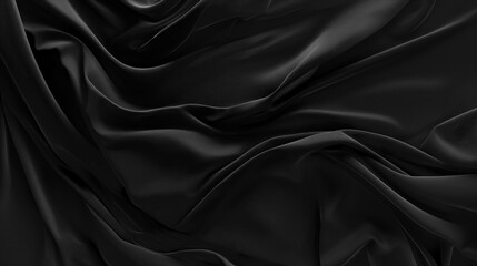 Obraz premium high quality black fabric close up, silk or satin texture textile. Abstract black forms surface background. Dark abstract fabric texture curves wavy background with little soft highlights