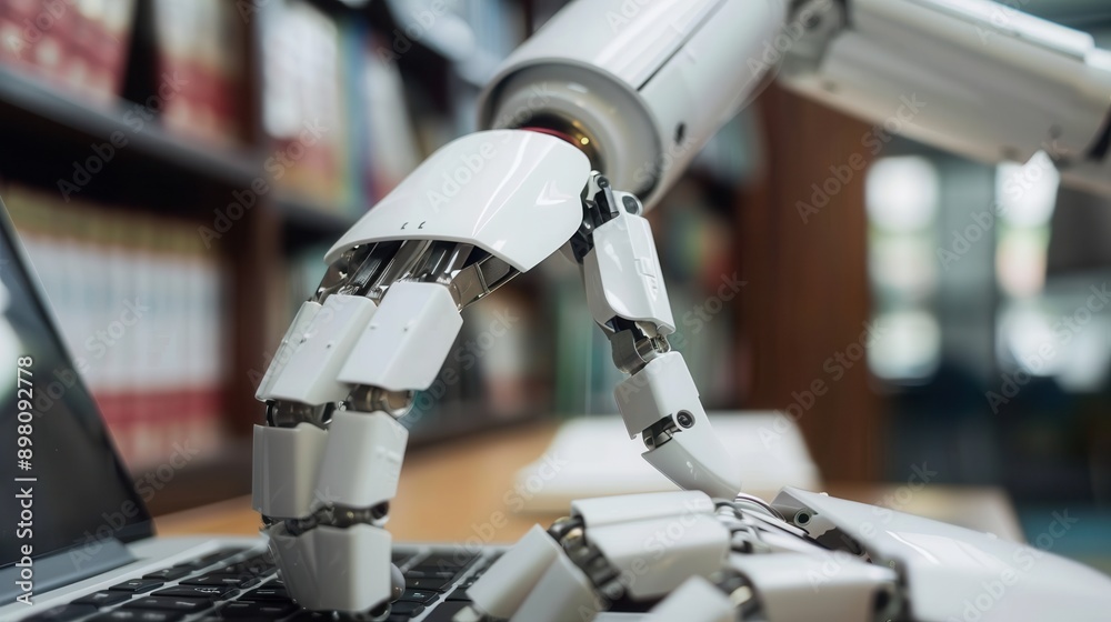 Poster A white robotic hand types on a laptop keyboard in a library setting. Generative AI