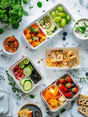 Colorful bento boxes with an assortment of fresh fruits and vegetables, presented on a dining table.