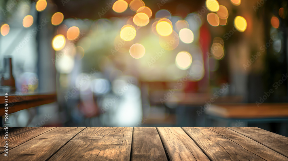 Poster Brown wooden rough table with blurred caffe bar pub background with lights and cozy room, evening restaurant blurred background and old brown wooden table with empty copy space. tabletop