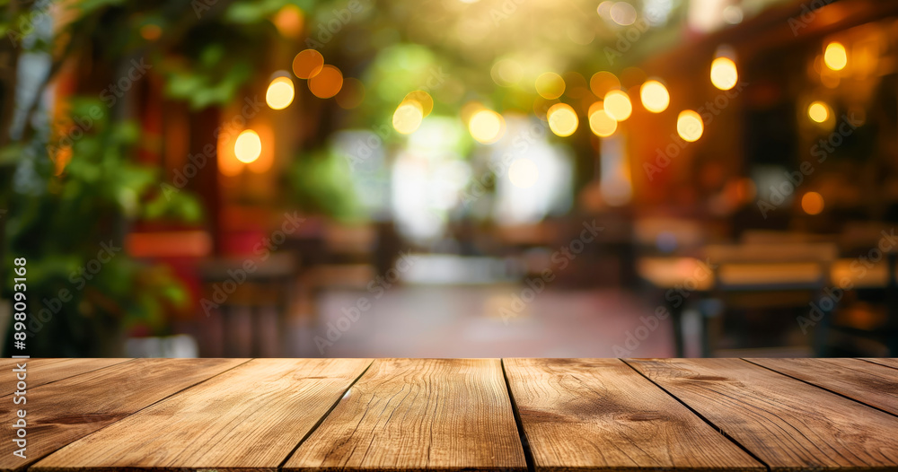Aufkleber brown wooden rough countertop table with blurred caffe bar pub background with lights and cozy room,