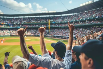 A crowd cheering at a baseball game as a player hits a home run