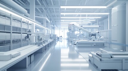 A detailed 3D blender minimalist illustration of a product factory, displaying an assembly line with automated equipment and robotic systems. The render includes neatly arranged workstations,