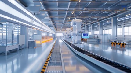 Obraz premium A 3D blender minimalist depiction of a state-of-the-art product factory, showcasing a network of conveyor belts, robotic arms, and control panels. The scene emphasizes the clean, uncluttered layout