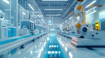 Obraz premium A 3D blender minimalist depiction of a state-of-the-art product factory, showcasing a network of conveyor belts, robotic arms, and control panels. The scene emphasizes the clean, uncluttered layout