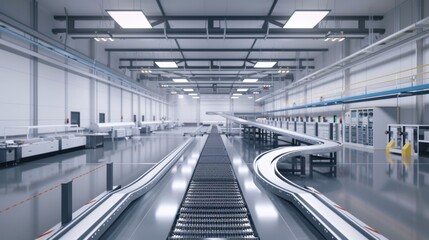 Obraz premium A 3D blender minimalist depiction of a state-of-the-art product factory, showcasing a network of conveyor belts, robotic arms, and control panels. The scene emphasizes the clean, uncluttered layout