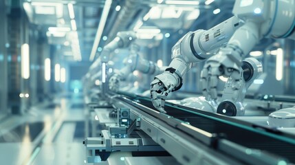 Fototapeta premium A 3D blender minimalist render of a high-tech product factory, featuring sleek robotic machinery and streamlined production lines. The illustration includes precise details of automated systems, such