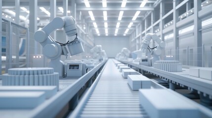 A 3D blender minimalist illustration of a product factory, highlighting the clean, efficient design of the manufacturing space. The scene includes automated conveyor belts, robotic arms, and