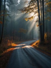 Foggy autumn road Sunbeams through forest in Piaseczno, Poland, serene morning scene - high contrast