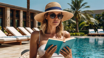 Fototapeta premium Woman reading book near swimming pool in hotel, vacations, female tourist wearing beach hat