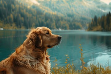 A serene outdoor scene featuring a golden retriever sitting peacefully by the edge of a mountain...