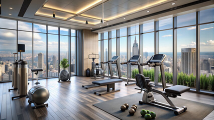 Fototapeta premium Fit athletic accessories and equipment scattered around a sleek modern exercise room with a city view, conveying a sense of male fitness and wellness.