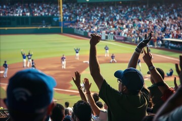 A crowd cheering at a baseball game as a player hits a home run