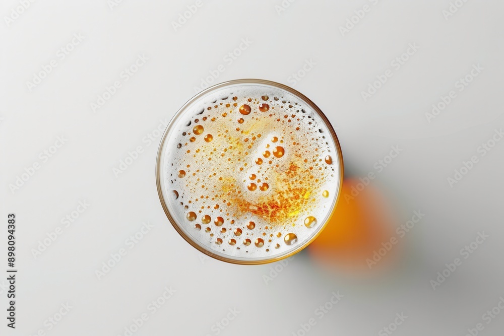Poster a glass of beer with a white head and bubbles, viewed from directly above. generative ai
