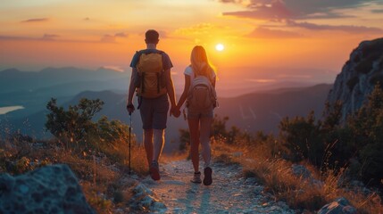 Couple Hiking on Mountain Trail at Sunset, Holding Hands and Enjoying Scenic View