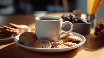 A cup of coffee and a plate of cookies on a wooden table