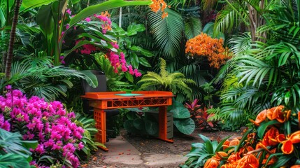 vibrant and colorful workspace in a tropical garden, with a desk nestled among exotic flowers and lush greenery