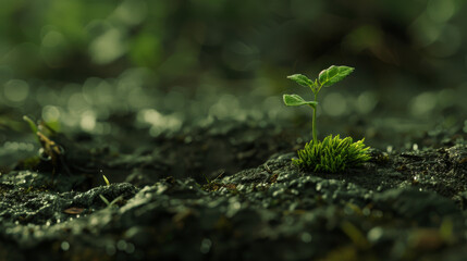 A tiny plant grows out of the ground.