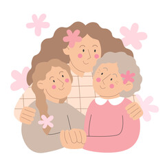Mother, daughter and grandmother with pink flowers on white background. Vector illustration for Mother's Day or International Women's Day. Greeting card with different age women
