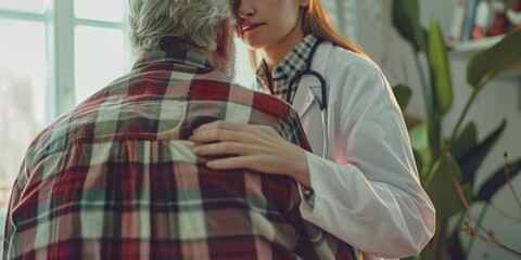 A female doctor is consulting with an older male patient in a domestic interior. A sense of trust and professionalism is conveyed.