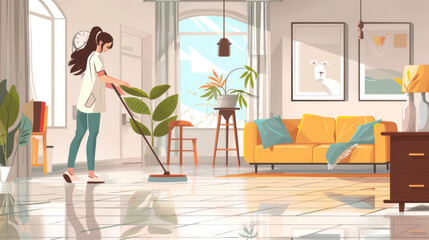 A woman is cleaning her living room during her free time. She is mopping the tile floor.