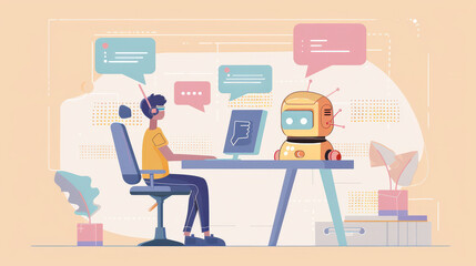 Man Working with Friendly Robot in Modern Office 