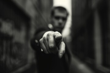 Male pointing finger in dark alley, evoking suspense and mystery.