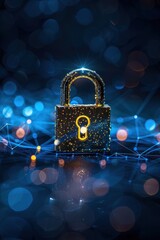 Golden Padlock with Digital Network Background and Bokeh Lights Representing Cybersecurity and Data Protection