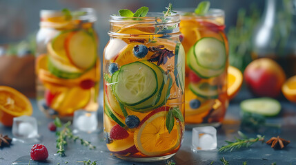 Fototapeta premium Refreshing Cucumber, Orange, and Blueberry Infused Water in Mason Jars