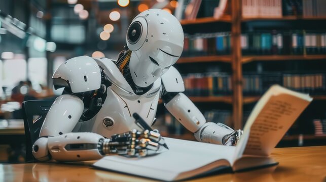 A humanoid robot sits at a desk in a library, writing in a notebook with a robotic hand. Generative AI