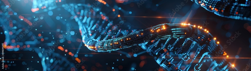 Wall mural futuristic digital dna strand with glowing data points and abstract background