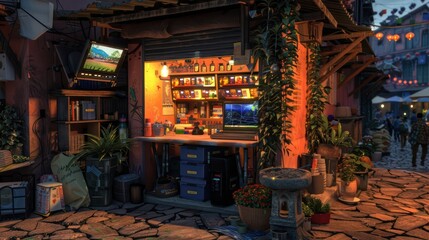 Naklejka premium cozy corner in a bustling marketplace, equipped with a portable workstation that blends in with the vibrant surroundings