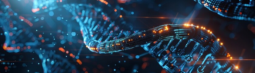 Futuristic Digital DNA Strand with Glowing Data Points and Abstract Background