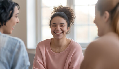 Happy young woman laughing and smiling with friends in a group therapy meeting setting in a support circle or possibly students in a study group workshop