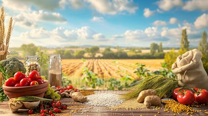 Assorted grains and vegetables on a wooden table with a blurred farm field background. Still life photography. Harvest and agriculture concept for design and print.