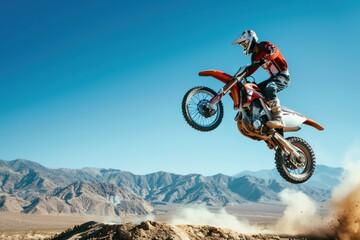 A dirt bike rider performing a high jump over a rugged, dusty trail with mountains and a clear blue sky in the background