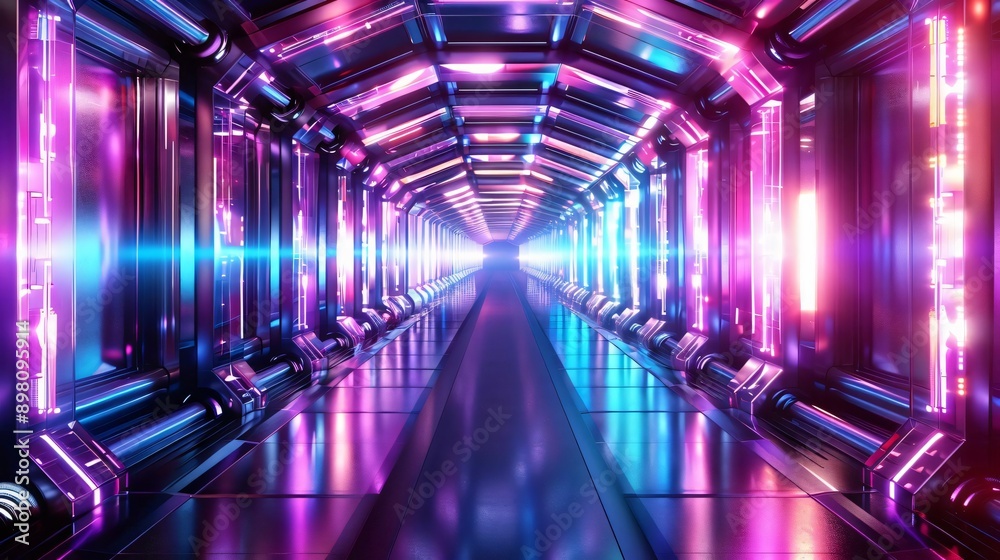 Poster futuristic neon tunnel with vibrant lights, creating a captivating and immersive sci-fi atmosphere f