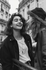 Obraz premium Two girls laughing together in the street, indicating a positive social connection.