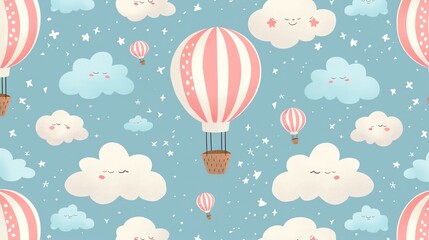 Cute Cartoon Clouds and Hot Air Balloons Seamless Pattern.