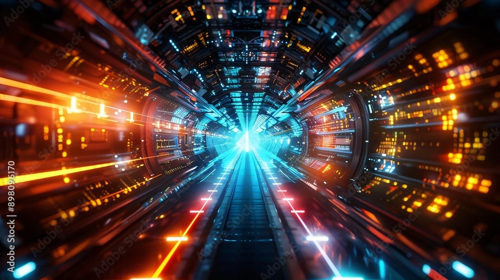 Wall mural a vibrant and futuristic tunnel illuminated with glowing lights, creating a dynamic sense of motion 