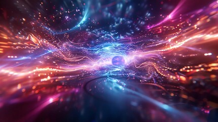 Vibrant cosmic journey through colorful light trails, depicting a mystical and otherworldly space environment.