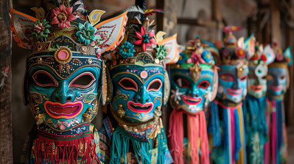 Colorful Ceremonial Masks Displayed in a Traditional Setting