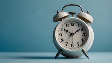 Naklejka premium white vintage alarm clock on light blue color background, alarm clock photos