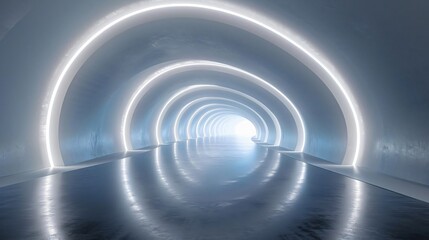 Fototapeta premium Futuristic tunnel with glowing lights, creating a surreal and mesmerizing atmosphere. Ideal for architectural and sci-fi themes.