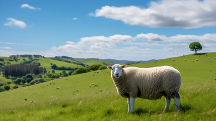 Fototapeta premium Captivating Nature's Bounty: A Ewe Grazing amidst Green Pastures on a Serene Day