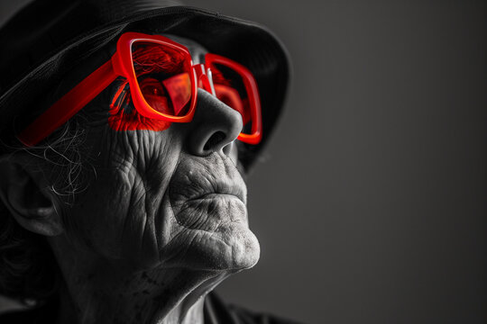 A man wearing red plastic glasses, black and white