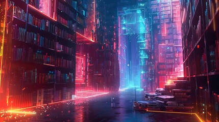 Fototapeta premium A vibrant, futuristic cityscape featuring neon lights and digital architecture in a cyberpunk style.
