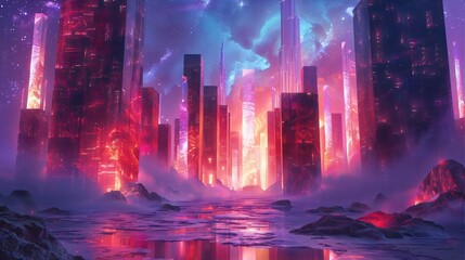 Obraz premium A vibrant sci-fi cityscape illuminated by neon colors, reflecting a futuristic ambiance with towering structures and mystical skies.