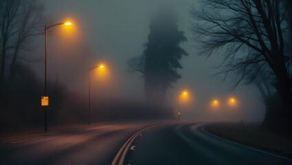 Foggy winter road with low visibility, creating a mysterious and serene atmosphere, showcasing the challenges of winter driving