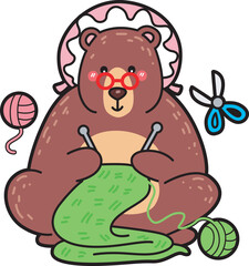Illustration of cute bear icon.
Funny bear in daily activities elements.
A big bear kniting a green scarf